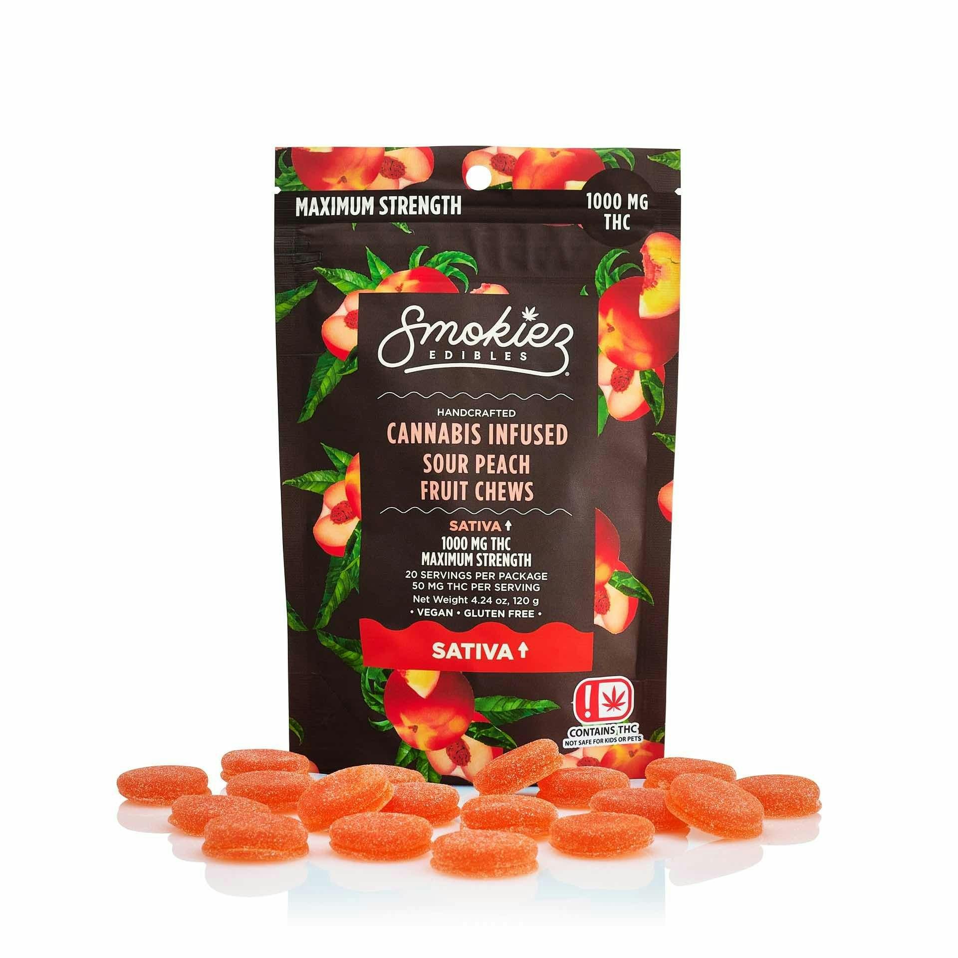 $28 | 1000mg Sativa Fruit Chews | Smokiez | Sour Peach