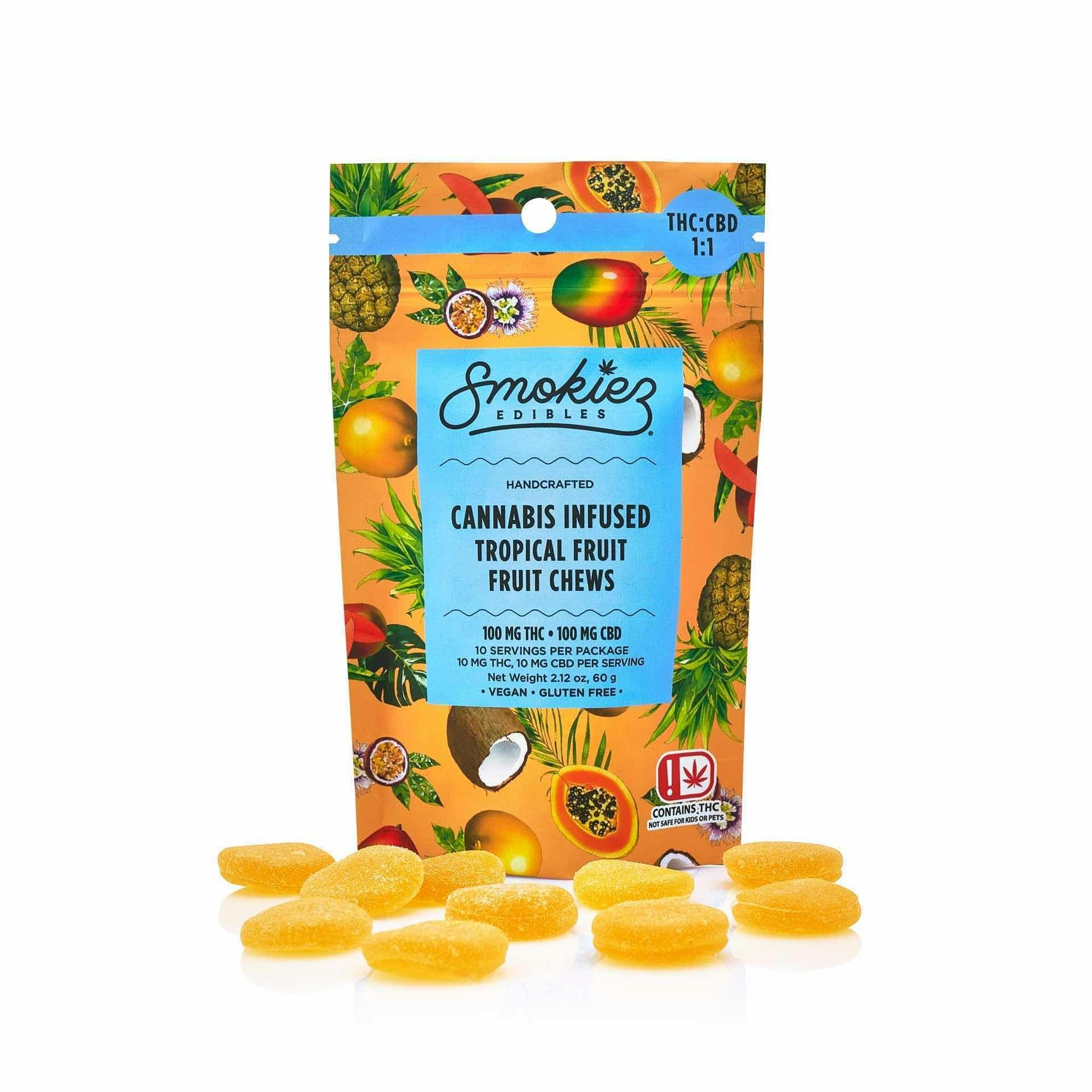 $13 | 100mg CBD:THC 1:1 Fruit Chews | Smokiez | Tropical Fruit