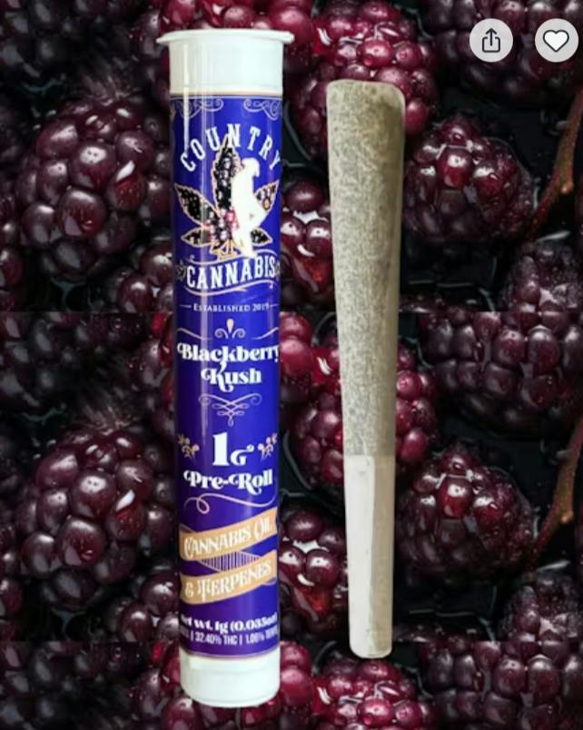 $8 | 1g Infused Preroll | Country Cannabis | Blackberry Kush