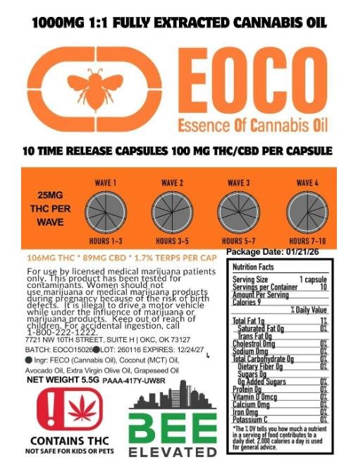 $40 | 100MG Time Release Capsules 1:1 THC/CBD EOCO | Bee Elevated