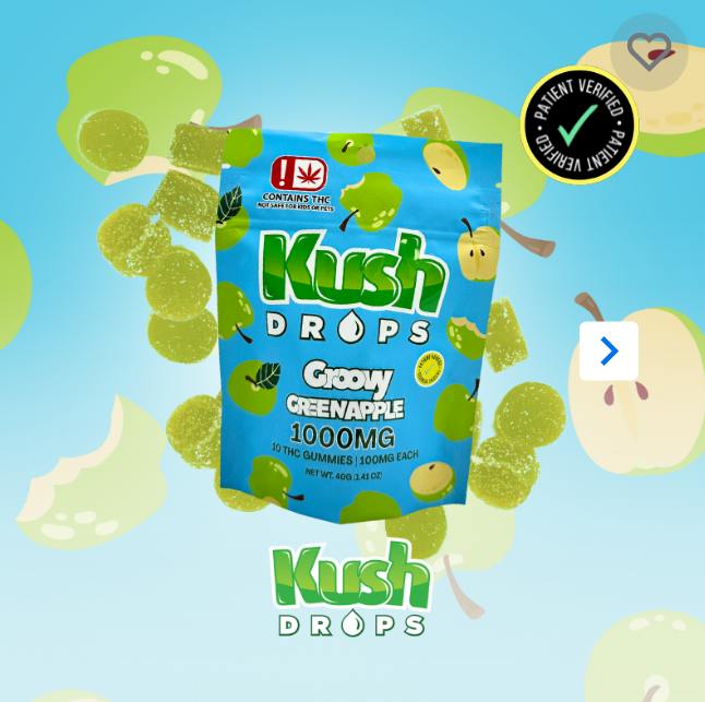 $12 | 1,000mg 10ct Gummy | Kush Drops | Groovy Green Apple