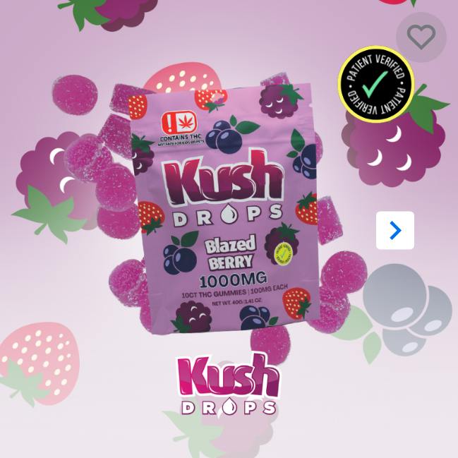 $12 | 1,000mg 10ct Gummy | Kush Drops | Blazed Berry
