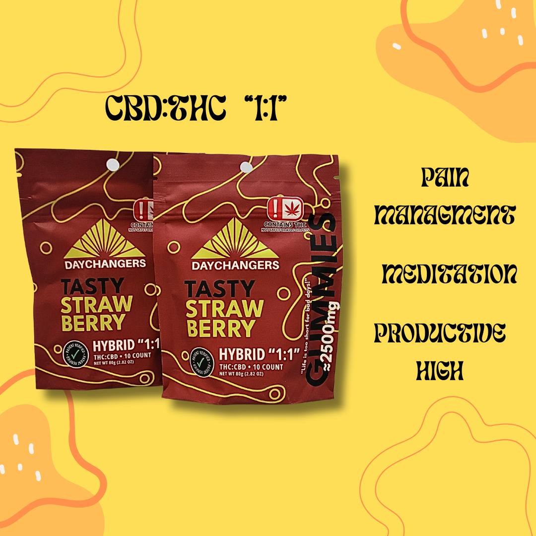 $30 | 2500mg 1:1 THC:CBD Gummies | Day Changers | Tasty Strawberry