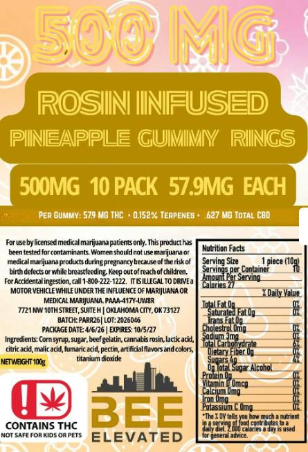 $20 | 500MG Rosin Rings | Bee Elevated | Pineapple