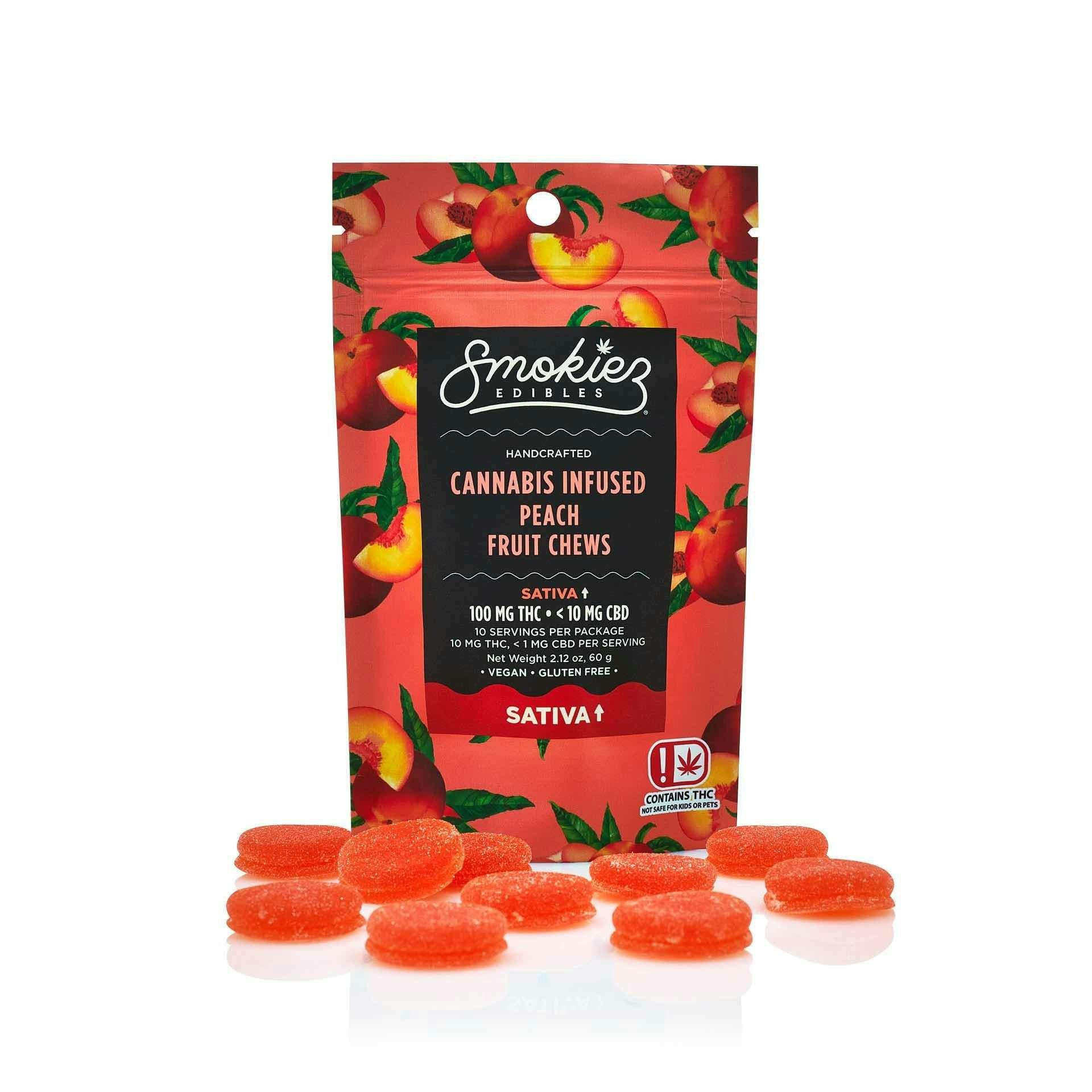 $16 | 250mg Sativa Fruit Chews | Smokiez | Sweet Peach