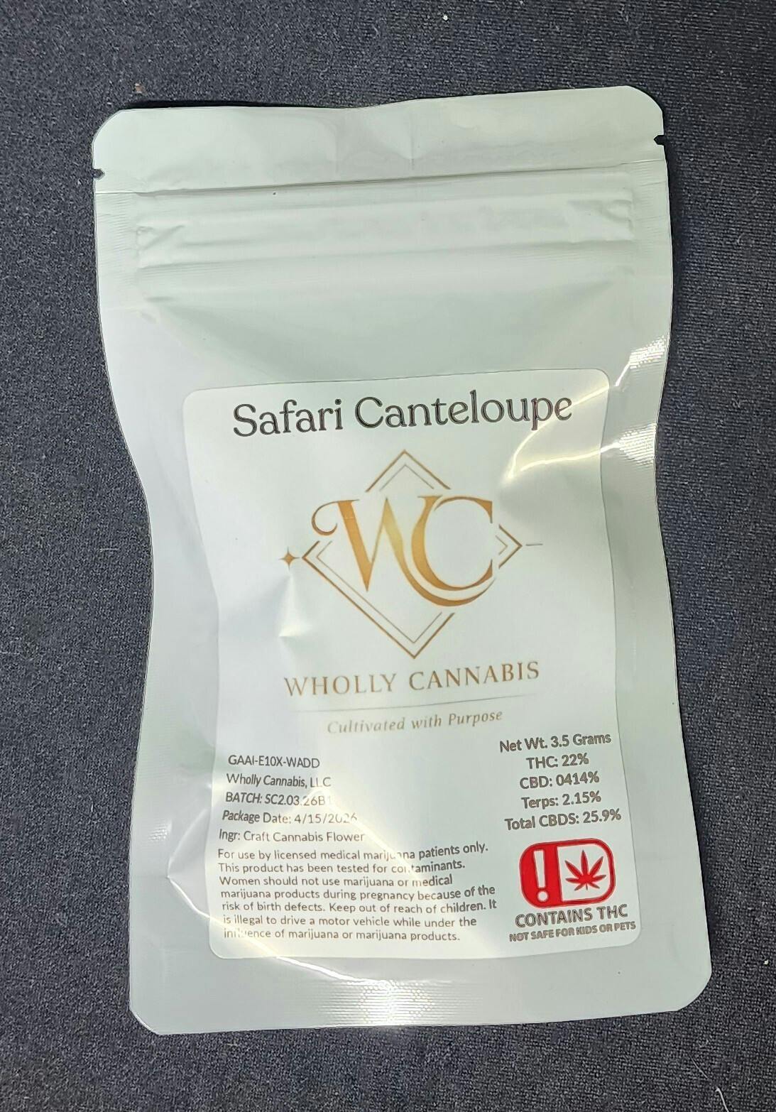 Safari Cantaloupe | $20 Eighth Flower | Wholly cannabis | B#SC2.03.26B1