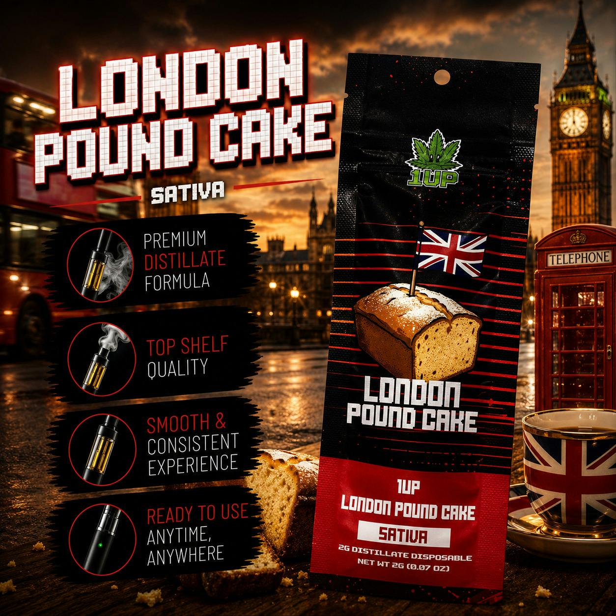 1UP | London Pound Cake | Sativa | 2G | Disposable | REC cannabis product