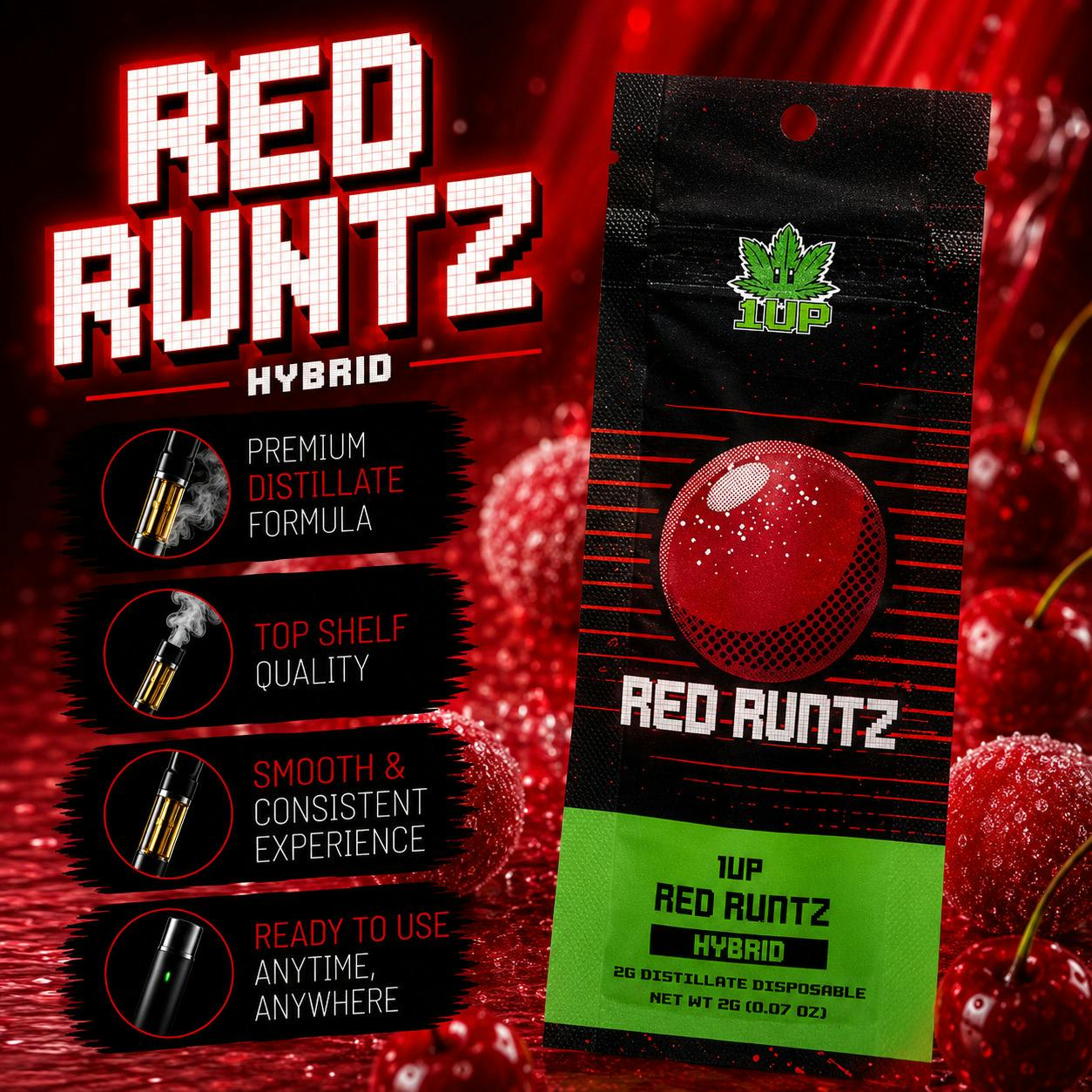 1UP | Red Runtz | Hybrid | 2G | Disposable | REC cannabis product