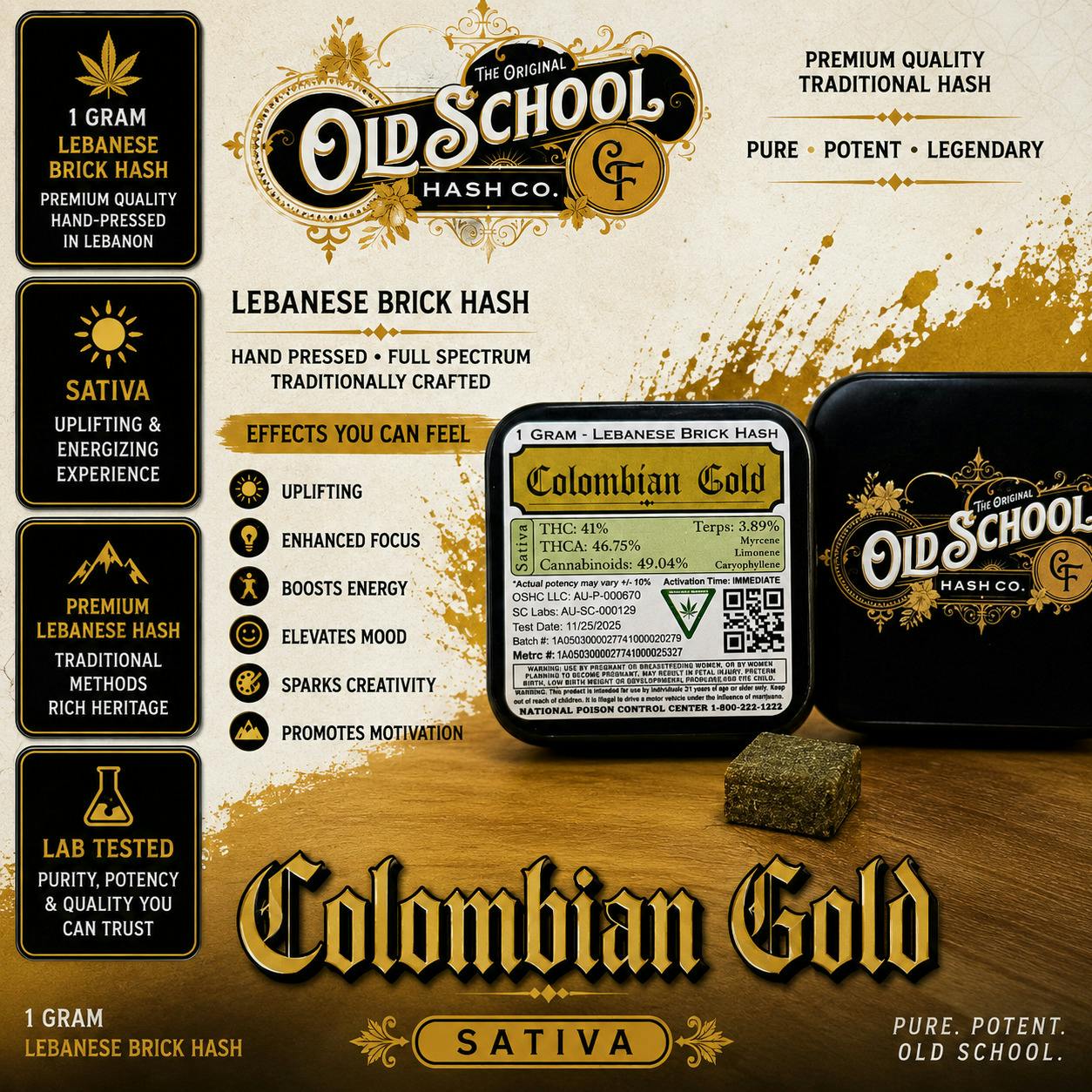 Old School Hash Co. | Colombian Gold | Sativa | Lebanese Brick Hash | REC