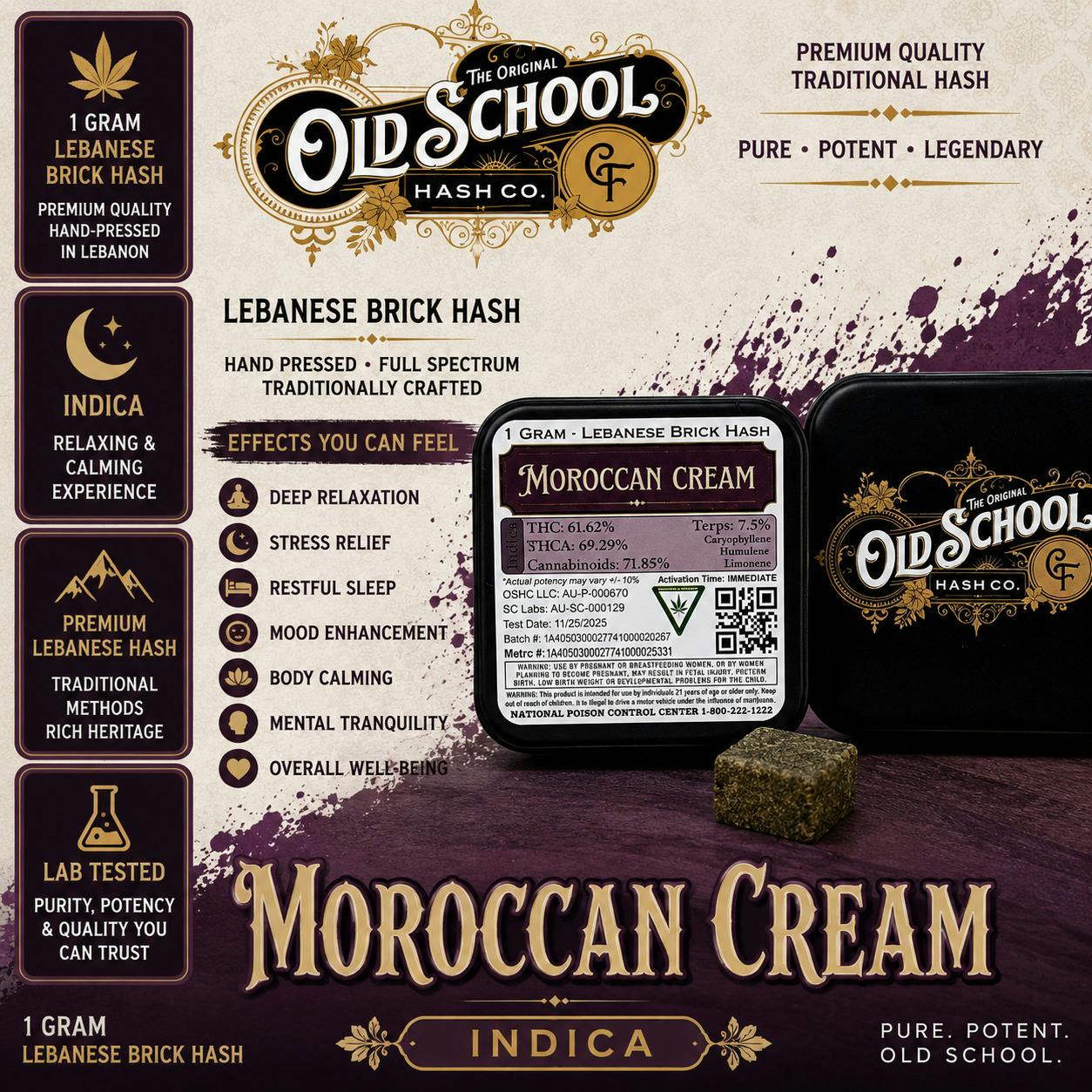 Old School Hash Co. | Moroccan Cream | Indica | Lebanese Brick Hash | REC