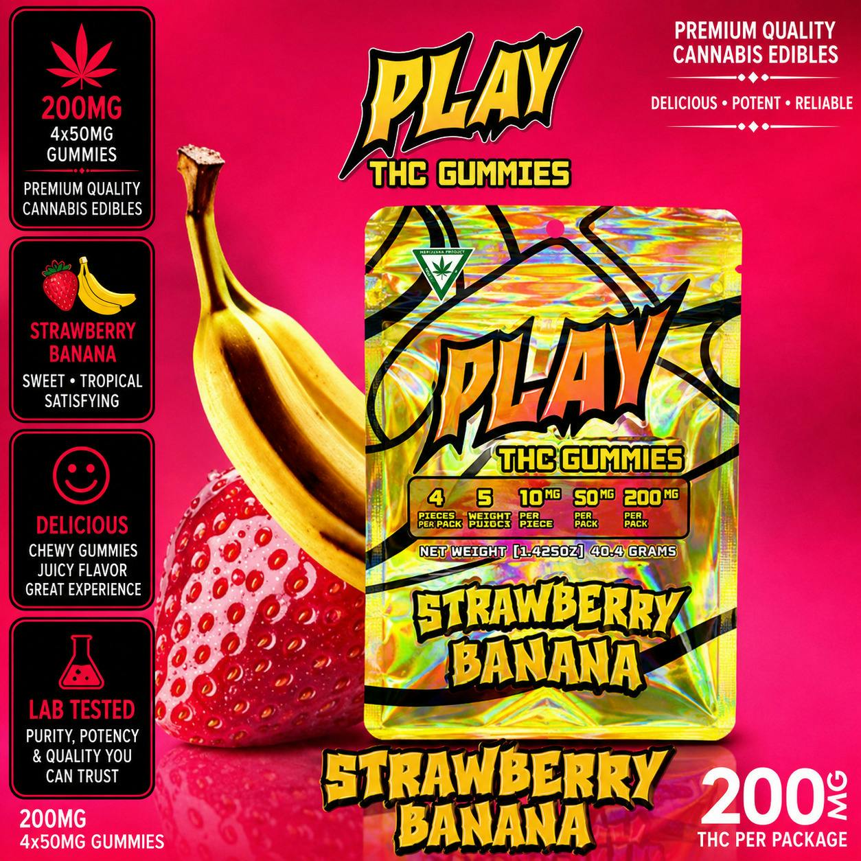 PLAY | Strawberry Banana | 200MG | Gummies | REC at The H.U.B.