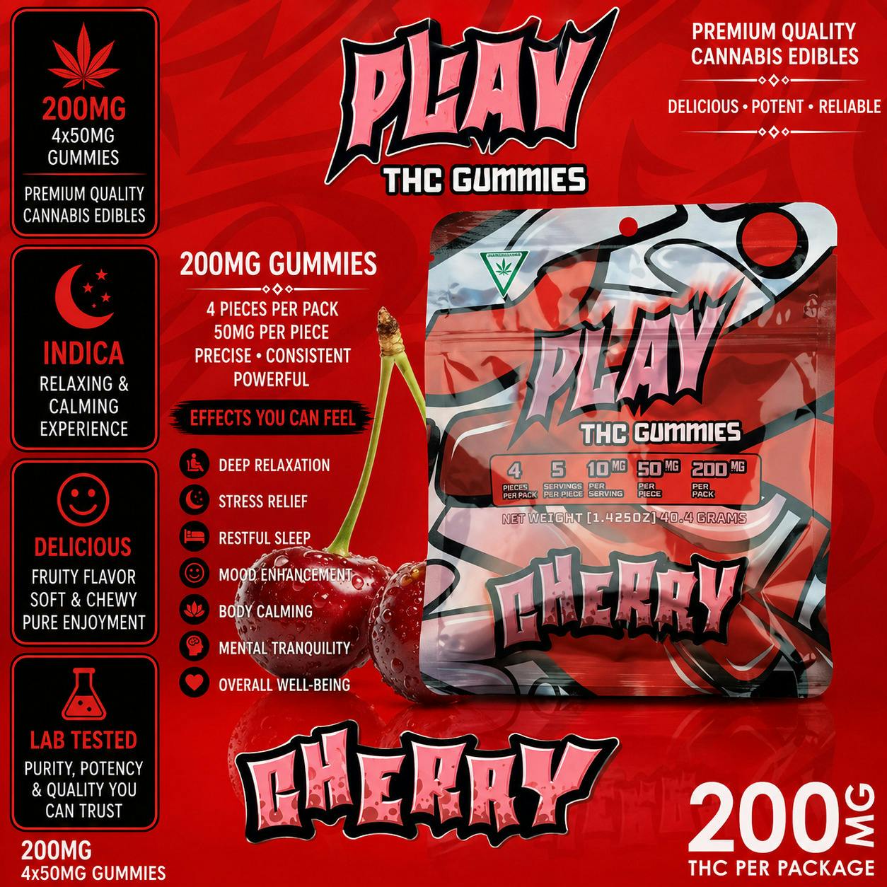 Play | Cherry | 200mg | Gummies at The H.U.B.