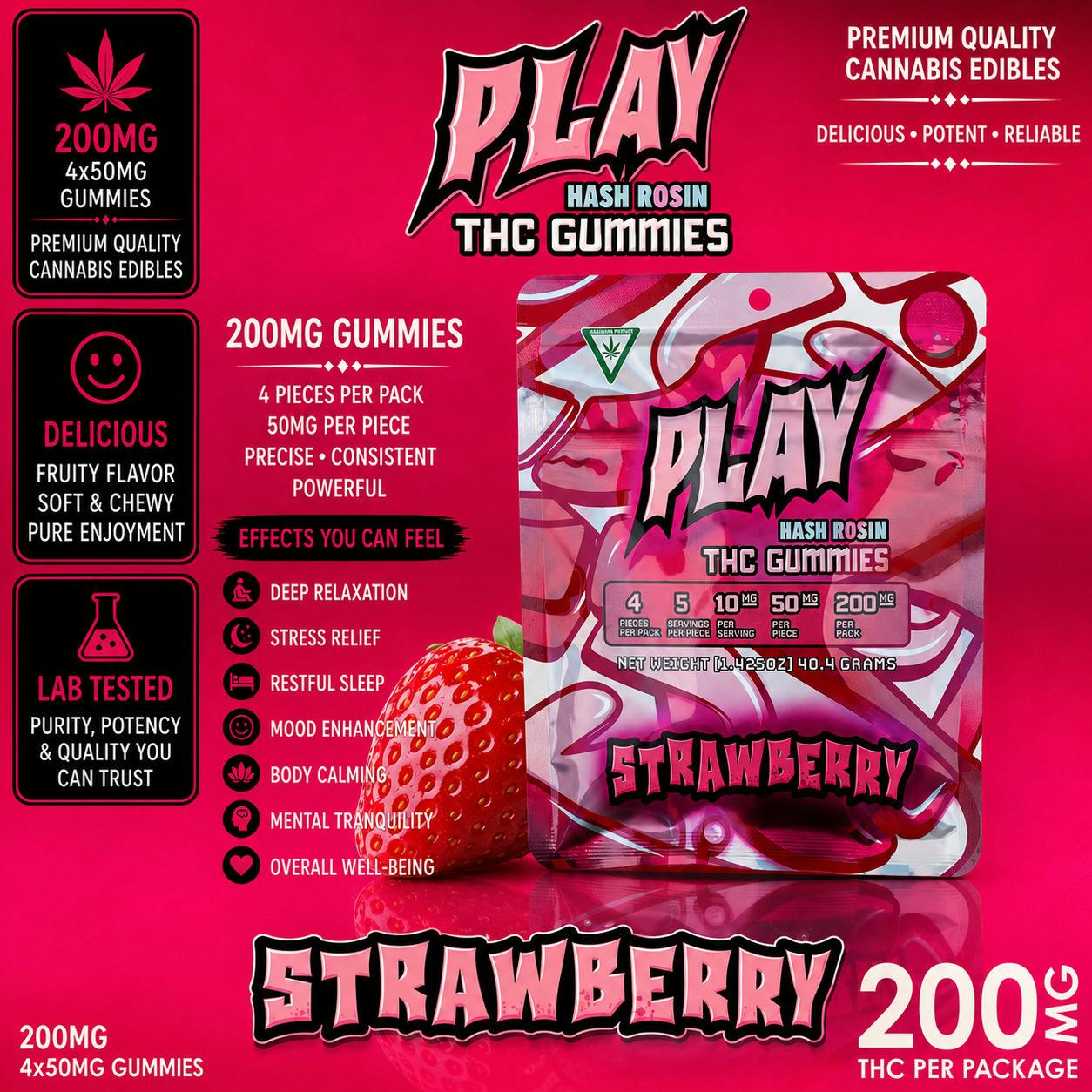Play | Strawberry | 200mg | Live Rosin Gummies by Play Michigan
