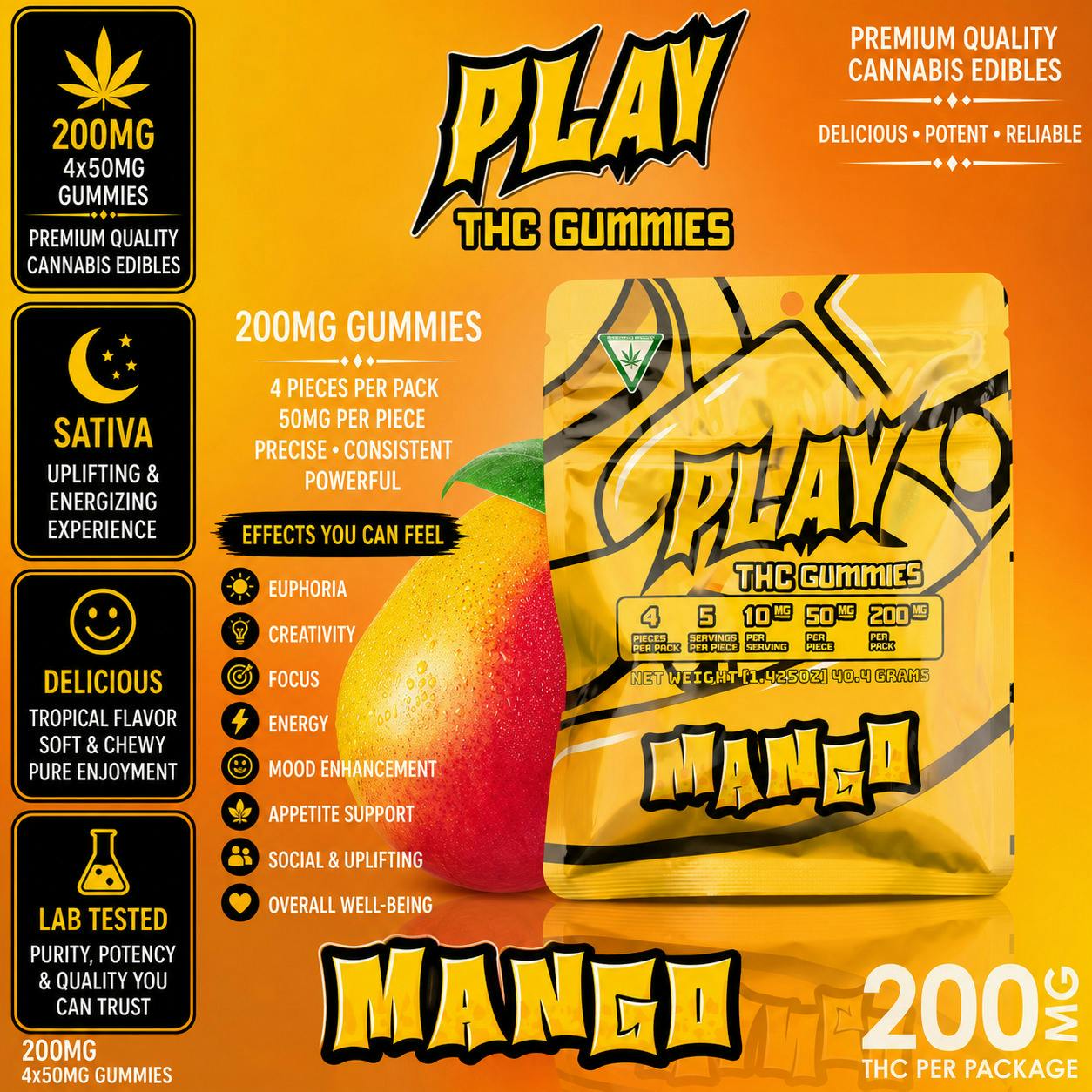 Play | Mango | 200mg | Gummies at The H.U.B.