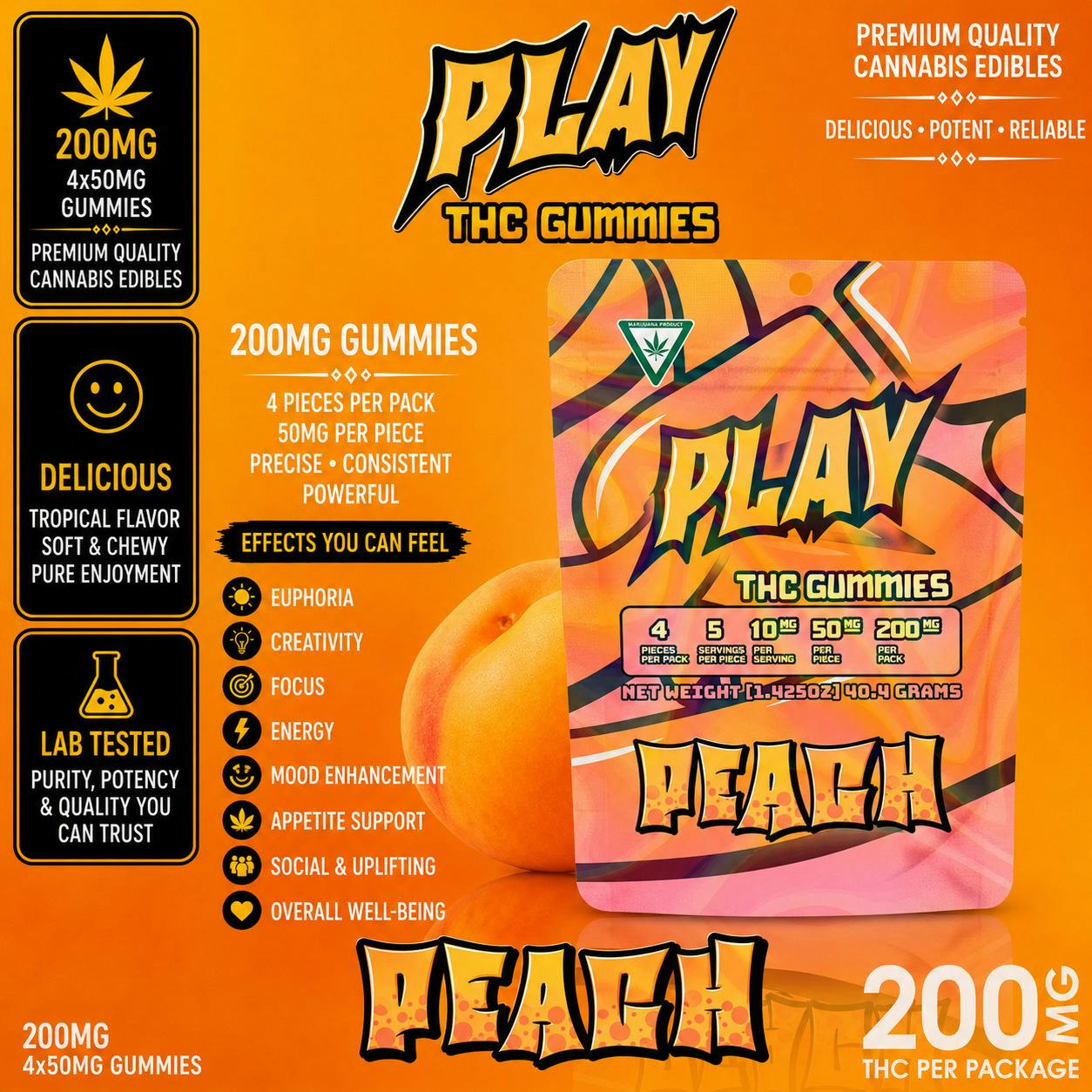 Play | Peach | 200mg | Gummies at The H.U.B.