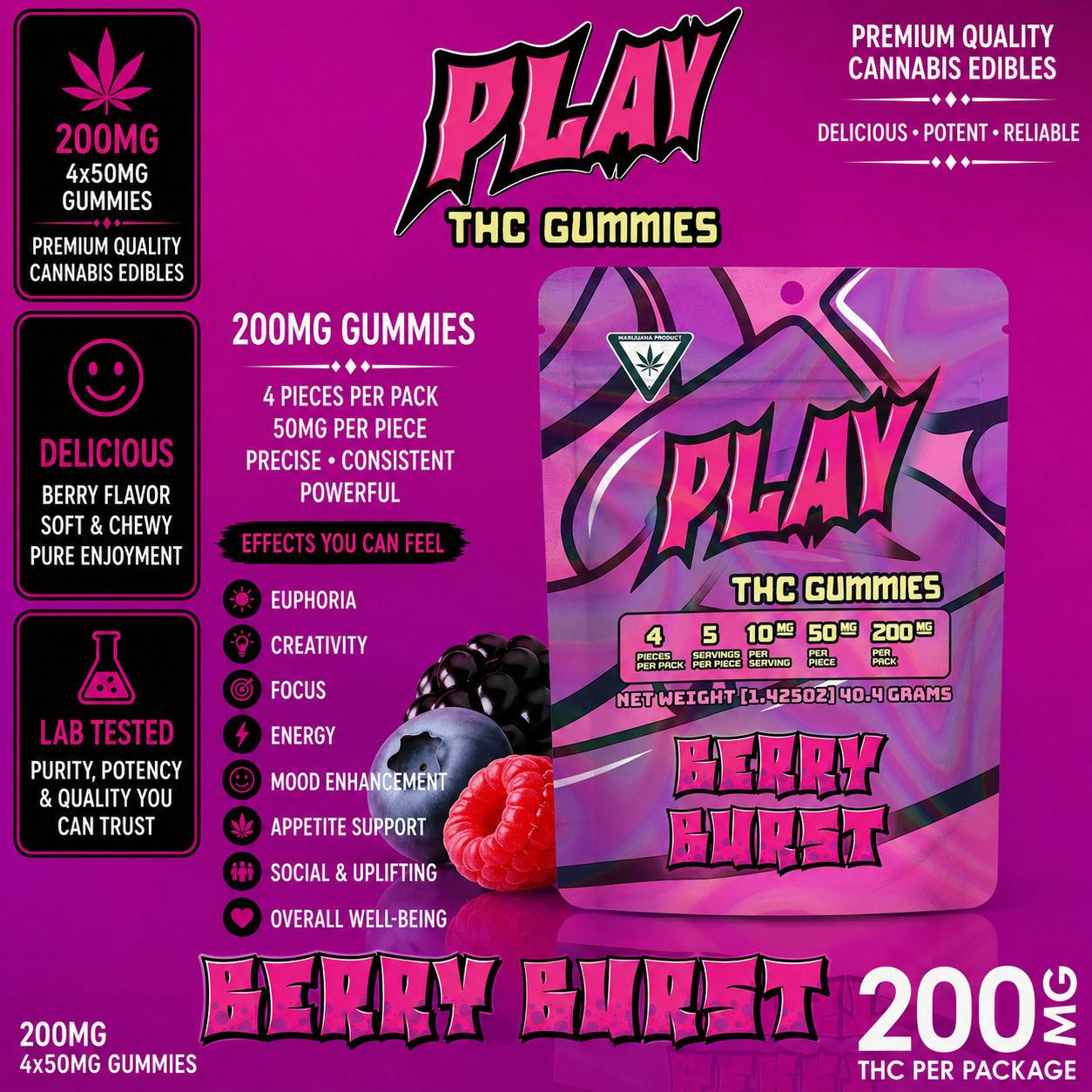 Play | Berry Burst | 200mg | Gummies at The H.U.B.
