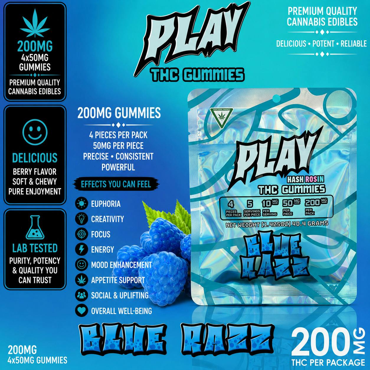 Play | Blue Raspberry | 200mg | Live Rosin Gummies by Play Michigan