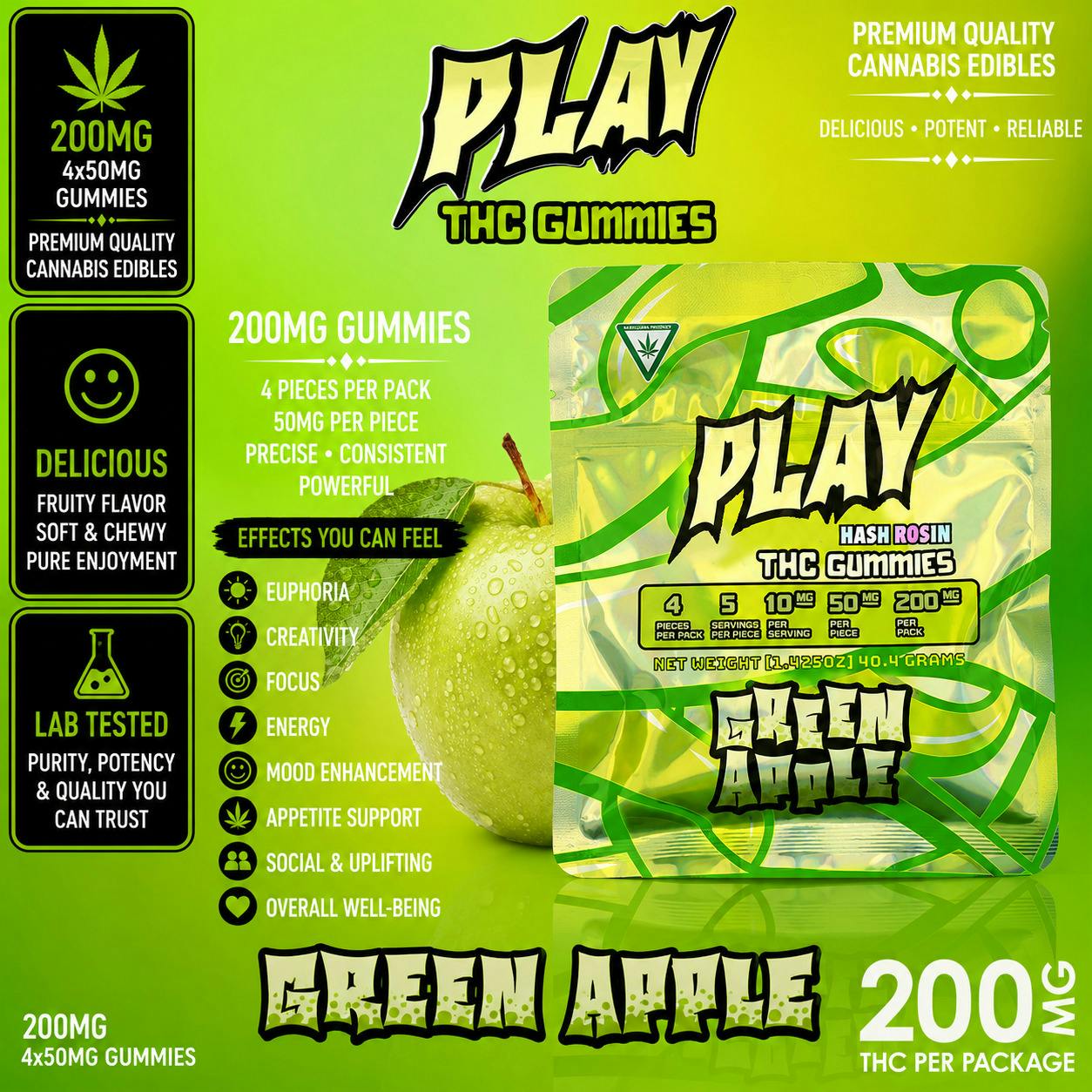 Play | Green Apple | 200mg | Live Rosin Gummies by Play Michigan