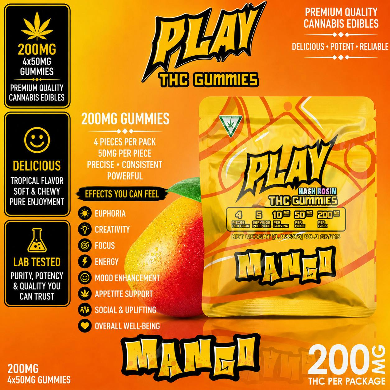 PLAY | Mango | 200MG | Live Rosin Gummies | REC cannabis product