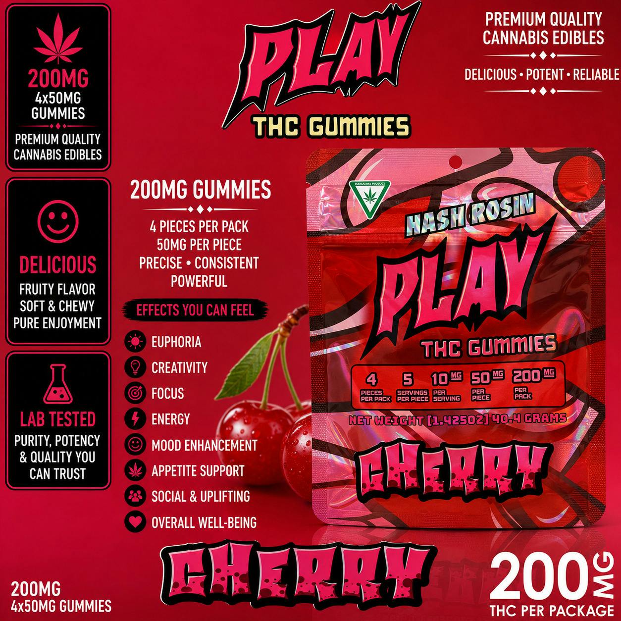 Play | Cherry | 200mg | Live Rosin Gummies by Play Michigan