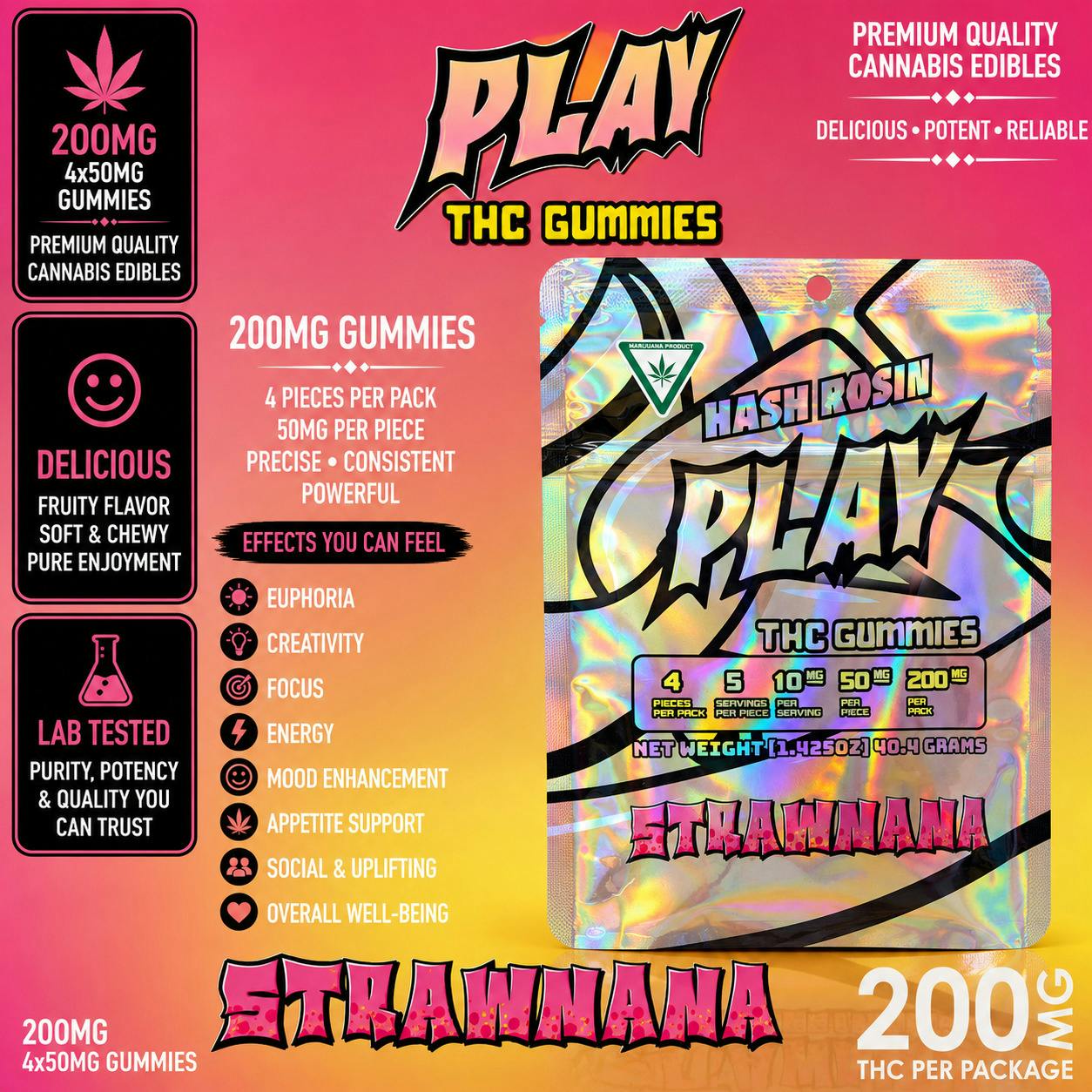 PLAY | Strawberry Banana | 200MG | Live Rosin Gummies | REC cannabis product