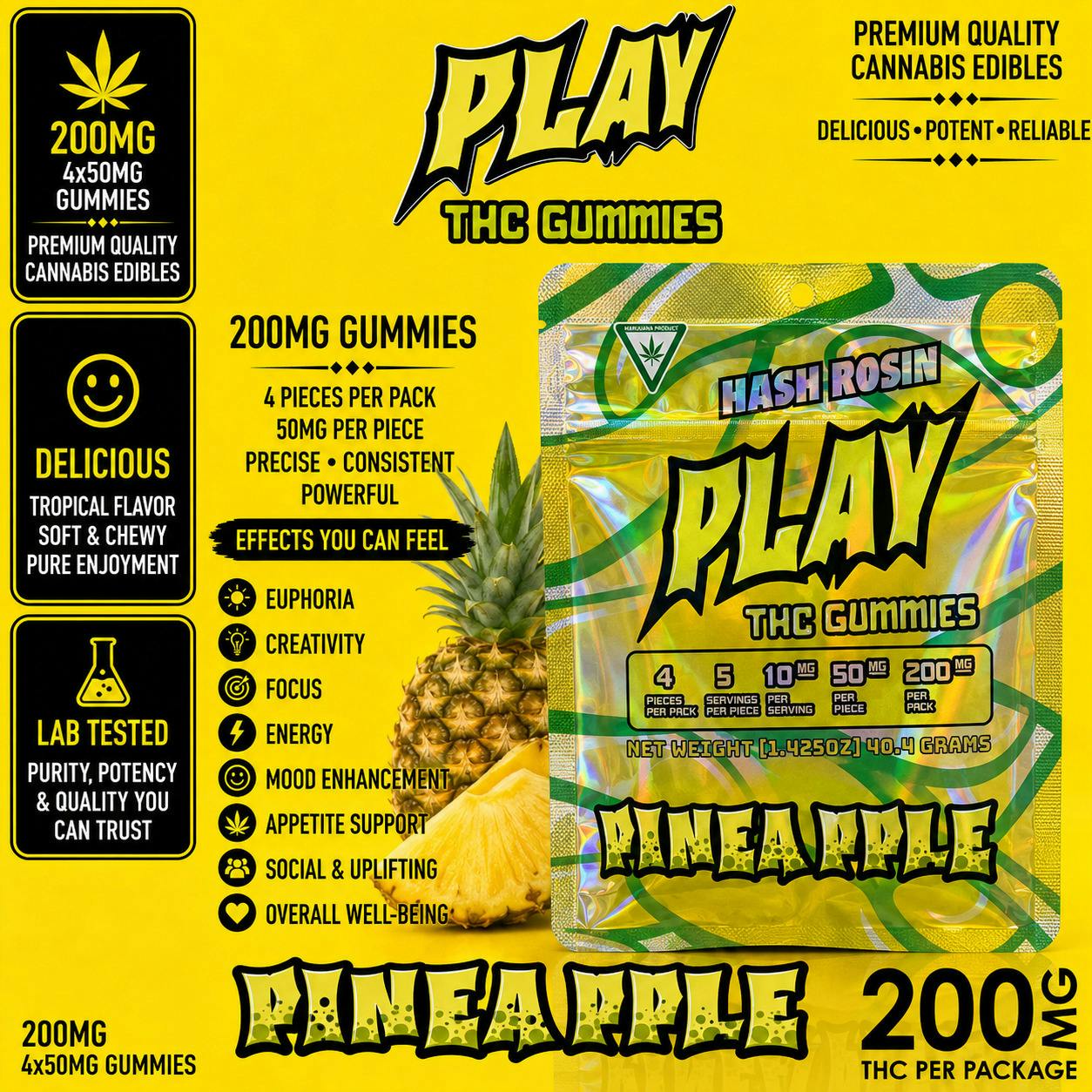 PLAY | Pineapple | 200MG | Live Rosin Gummies | REC cannabis product