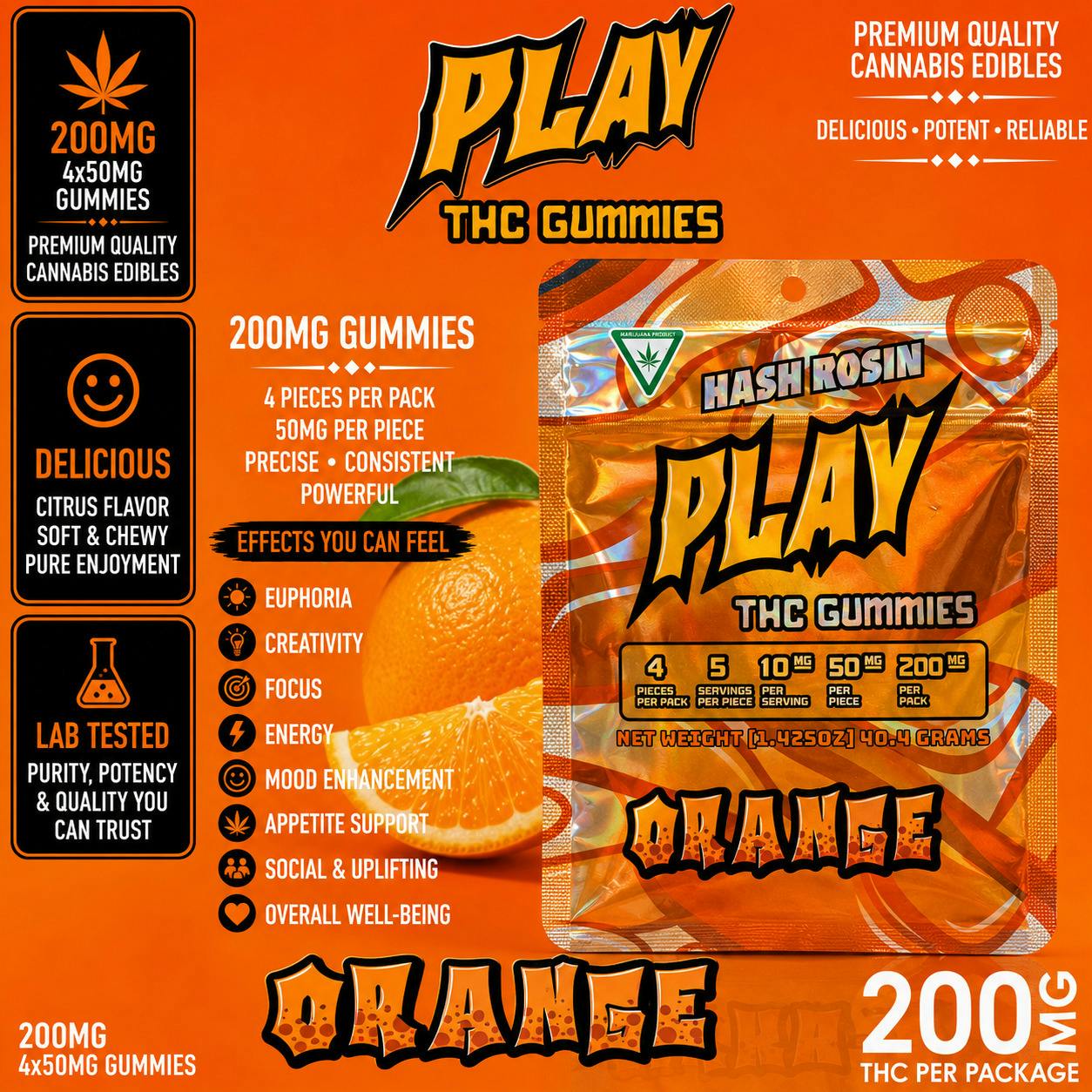 Play | Orange | 200mg | Live Rosin Gummies by Play Michigan
