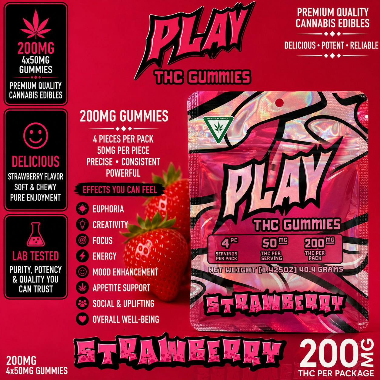 Play | Strawberry | 200mg | Gummies at The H.U.B.
