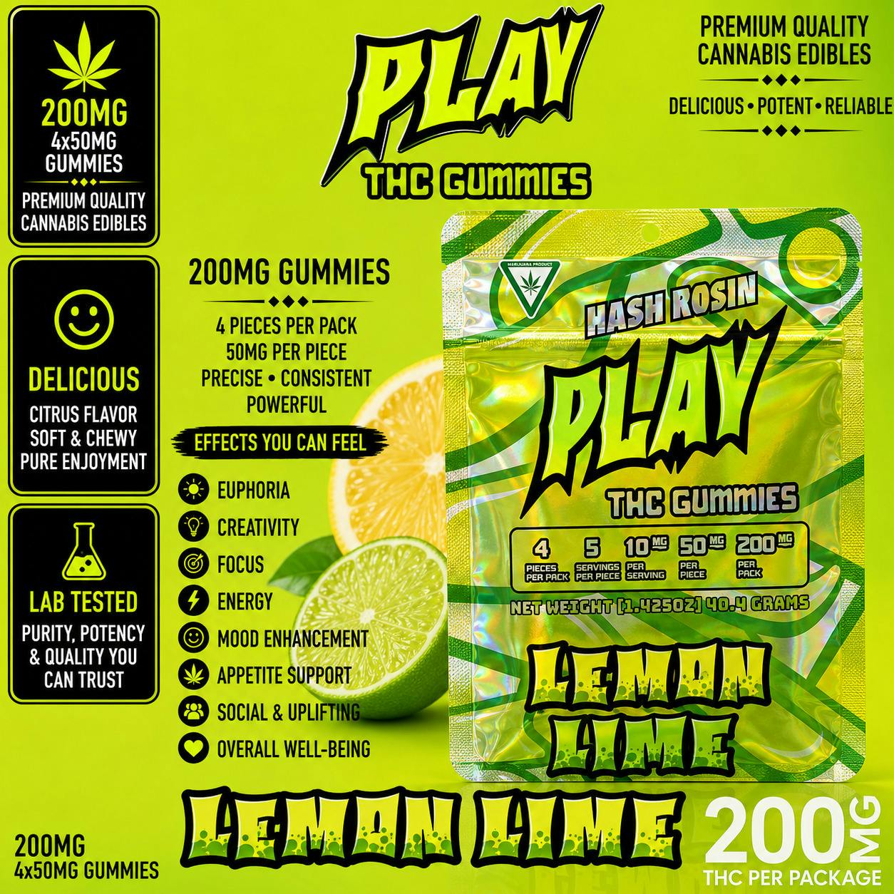 PLAY | Lemon Lime | 200MG | Live Rosin Gummies | REC cannabis product