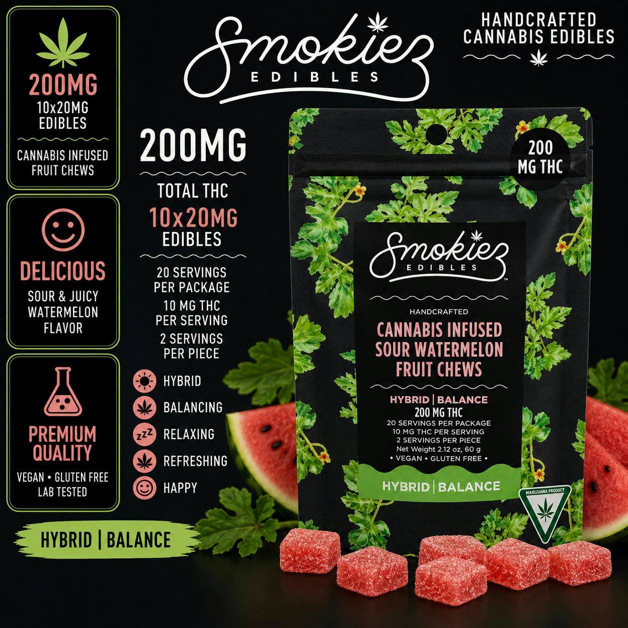 Sour Watermelon Gummies | 200mg | 20ct | 10mg/ea by Smokiez Edibles