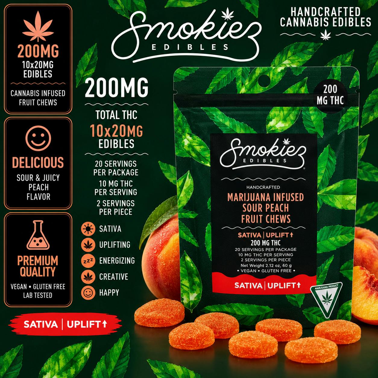 Smokiez I Sour Peach | Sativa | 200mg Gummies | REC