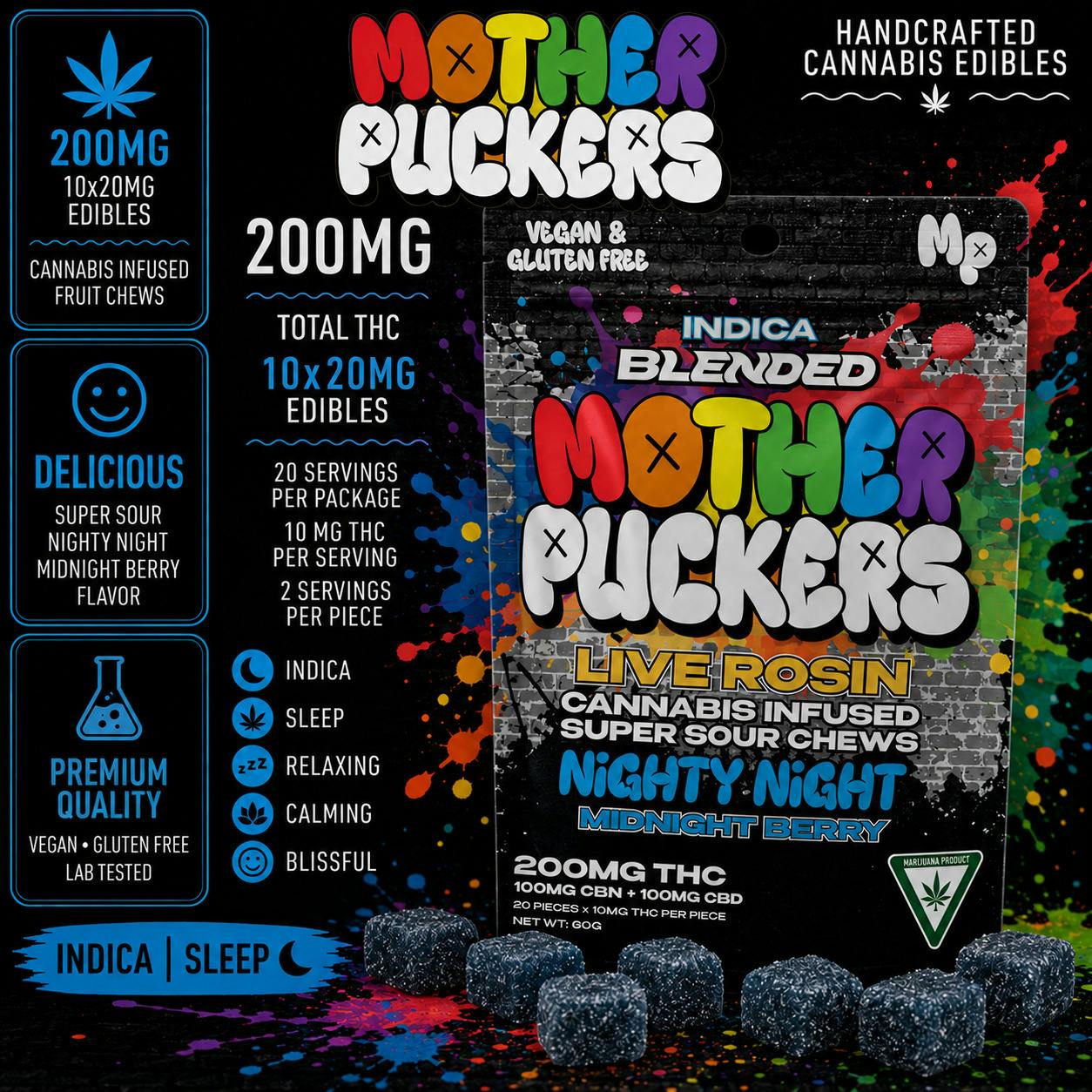 Mother Puckers | Nighty Night | Midnight Berry | 2:1:1 | THC:CBN:CBD | Live Rosin | 200mg Gummies...