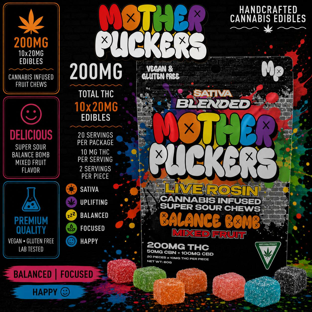 Mother Puckers | Balance Bomb | Recover | 2:1:1 | THC:CBG:CBD | Sativa | Live Rosin | 200mg Gummi...