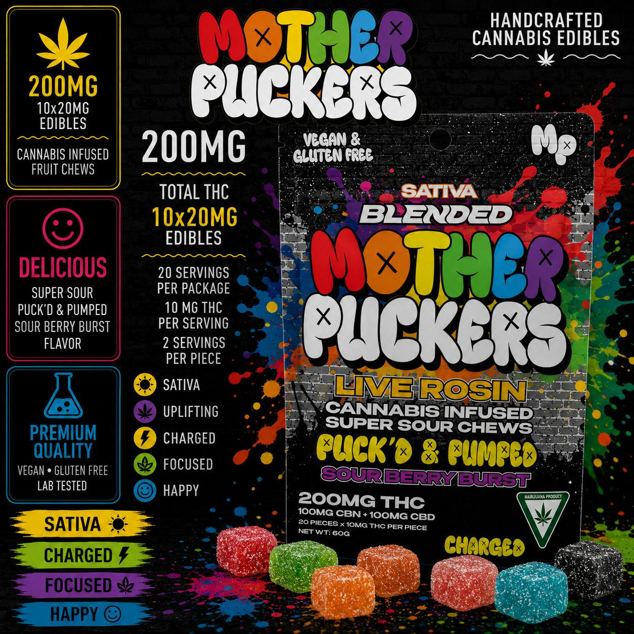 Mother Puckers | Puck'd & Pump | Charged | 2:1:1 | THC:CBG:CBD | Sativa | Live Rosin | 200mg Gumm...