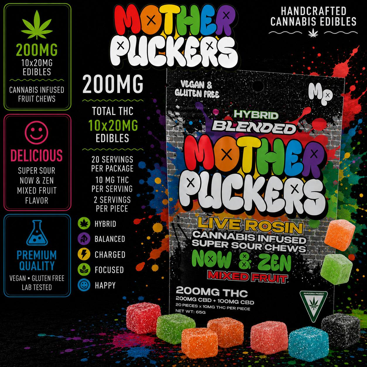 Mother Puckers | Now & Zen | Recover | 2:1:1 | THC:CBG:CBD | Sativa | Live Rosin | 200mg Gummies ...