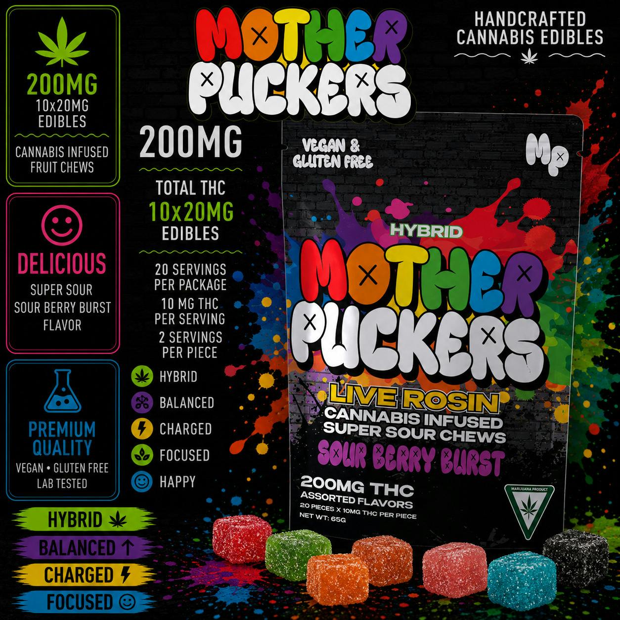 Mother Puckers | Sour Berry Burst | Live Rosin | 200Mg Gummies | REC
