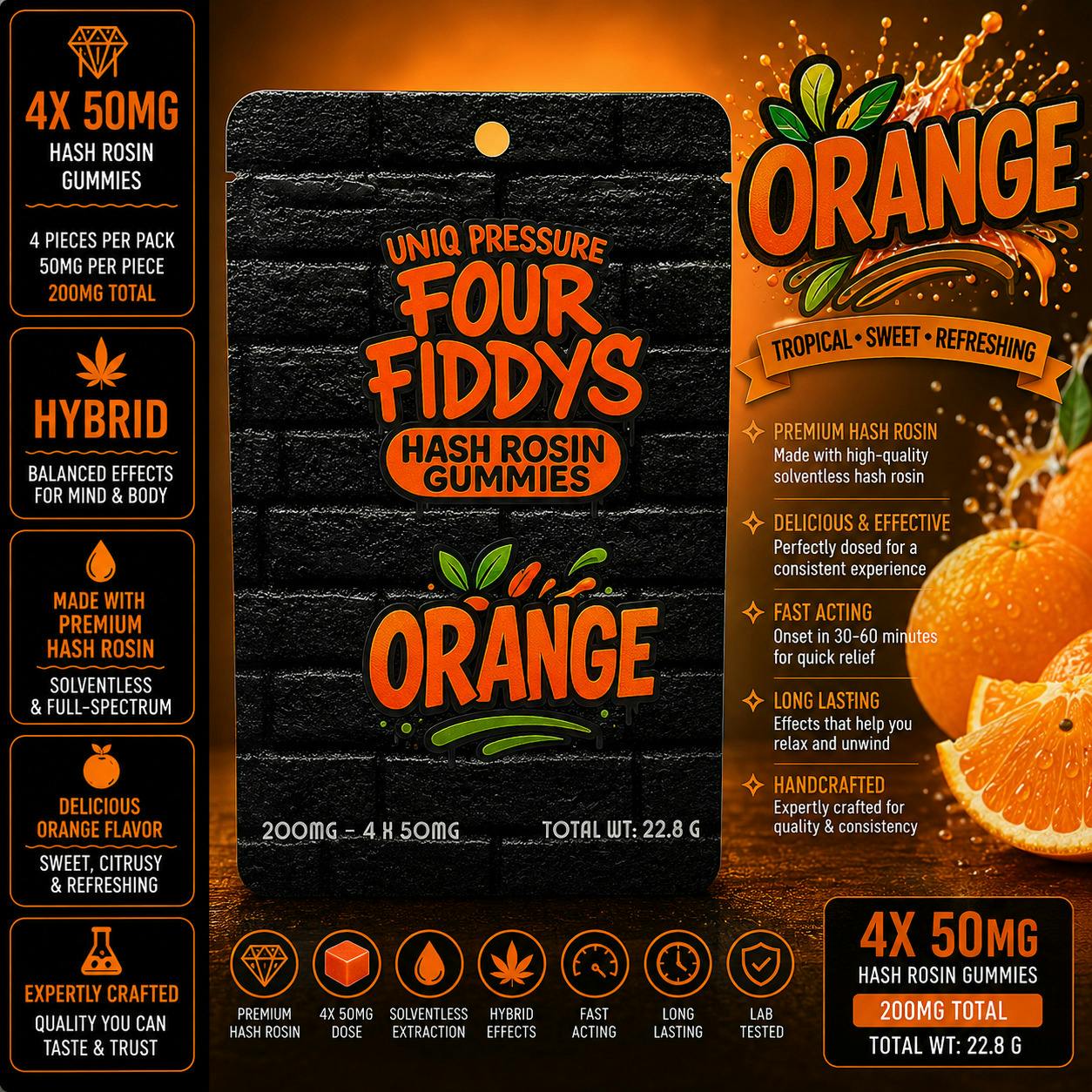 Orange Hash Rosin Gummies | Gummies | 4pk | 46.69mg/ea by Uniq Pressure