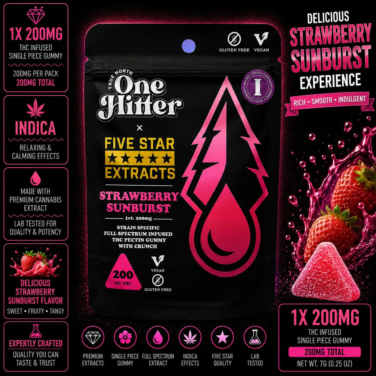 True North | One Hitter | Strawberry Sunburst Live Gummies | 200mg | Single by True North Collective MI