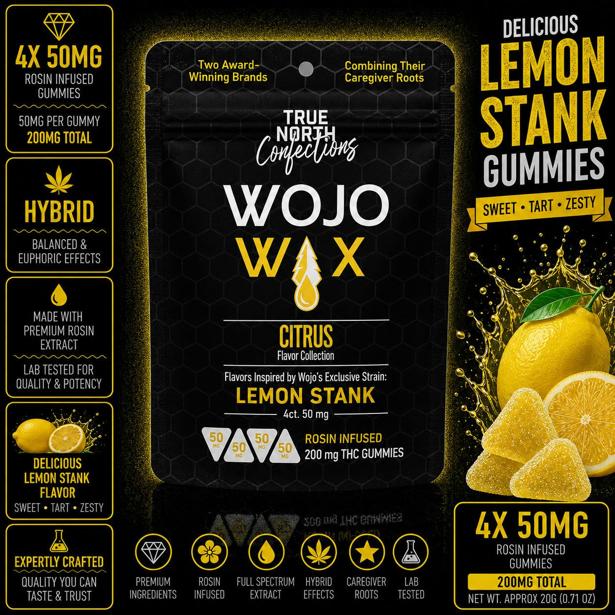 True North x WOJO | Lemon Stank Rosin Gummies | 200mg | 4ct | 50mg/ea by True North Collective MI