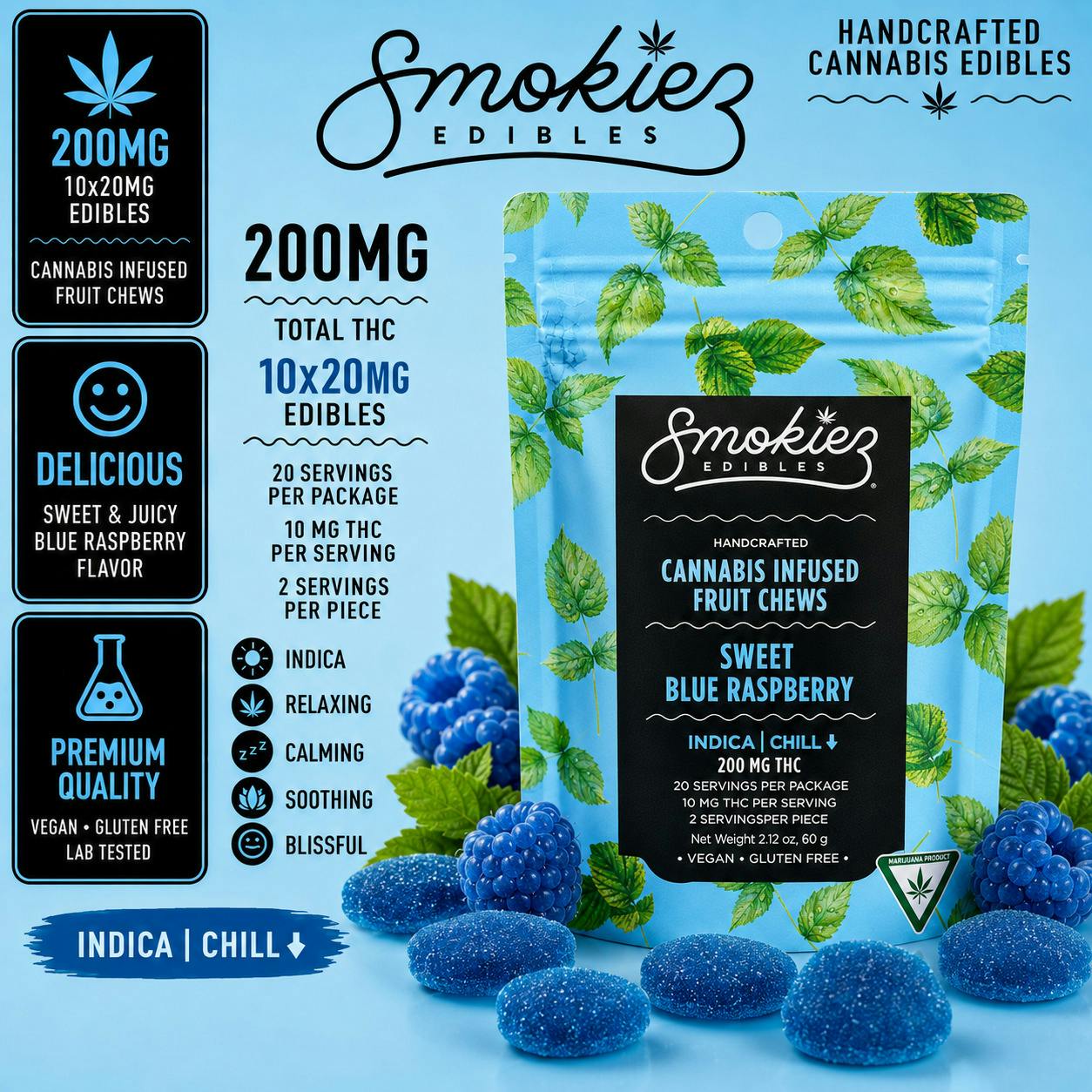 Blue Raspberry Gummies | 200mg | 20ct | 10mg/ea by Smokiez Edibles
