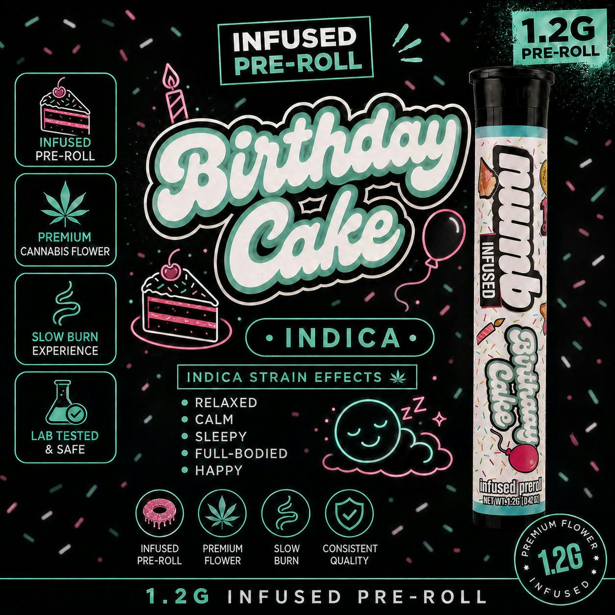 Numb | Birthday Cake | Indica | 1.2G | Snowcaps Infused Pre-Roll | REC at The H.U.B.