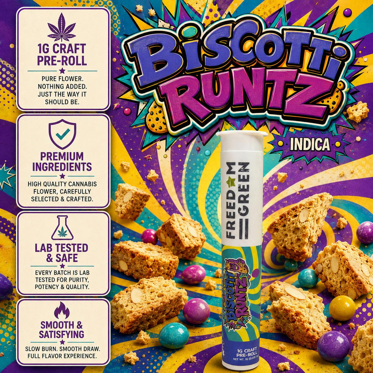 Freedom Green | Biscotti Runtz | Indica | 1G Pre-Roll | REC at The H.U.B.