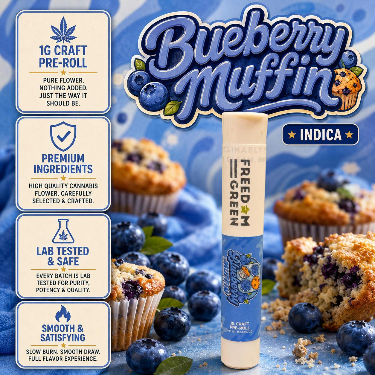 Freedom Green | Blueberry Muffin | Indica | 1G Pre-Roll | REC at The H.U.B.
