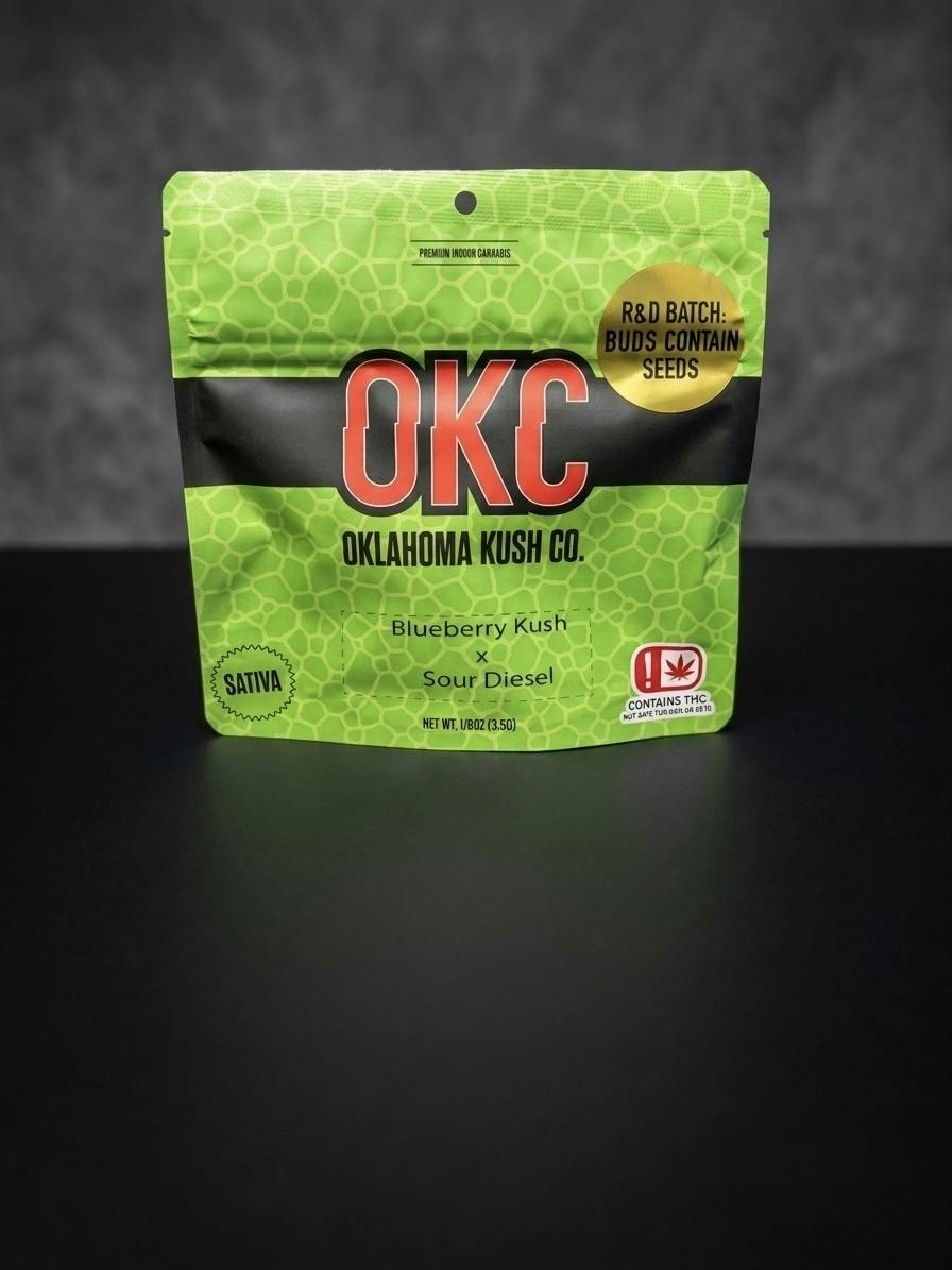 Oklahoma Kush Co. - Indoor Pre-Packaged Flower [Seeded] - Sativa - Blueberry Kush x Sour Diesel -...