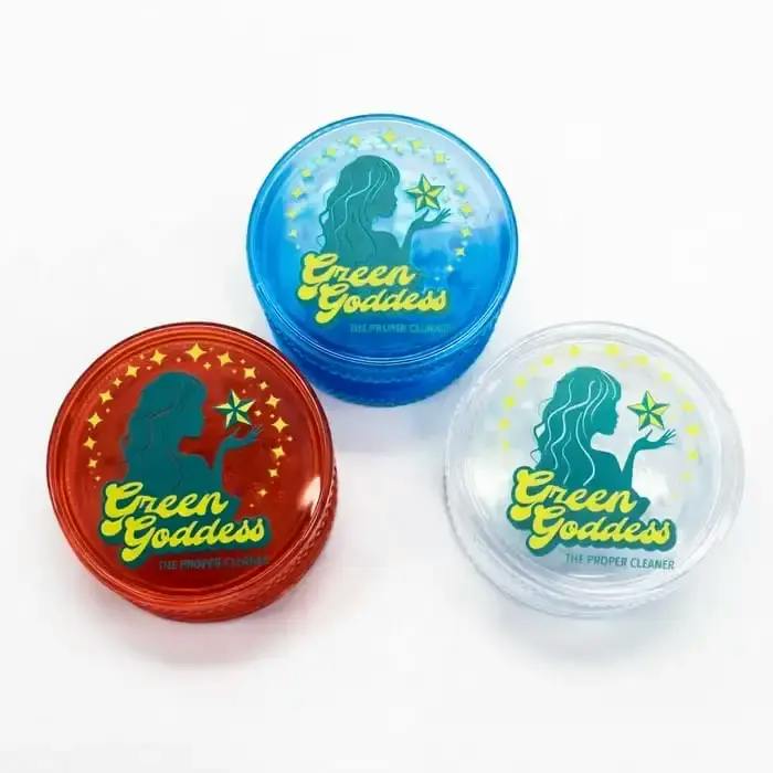 DISPLAY OF 12 GREEN GODDESS 60 MM ACRYLIC GRINDERS, RED CLEAR BLUE