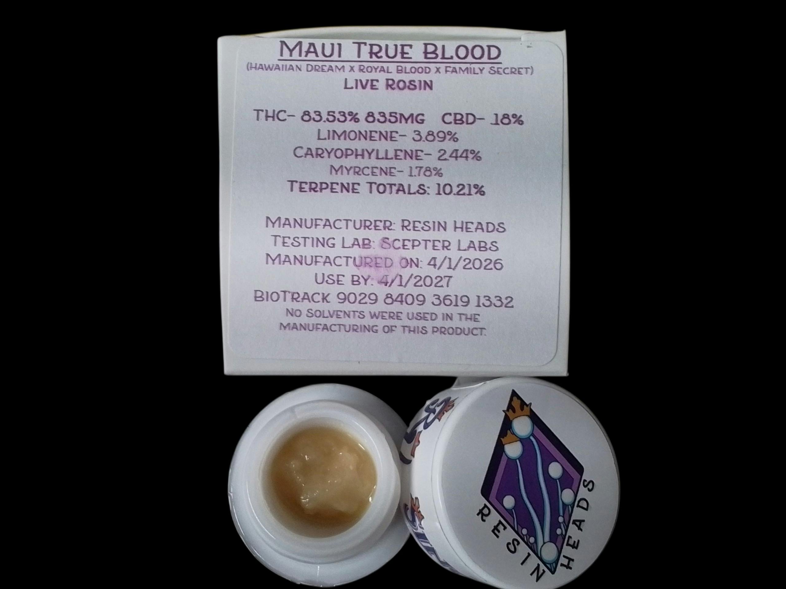 Maui True Blood- 1g Rosin Resin Heads THC 83.53% CBD 18% Terpene Totals 10.21%