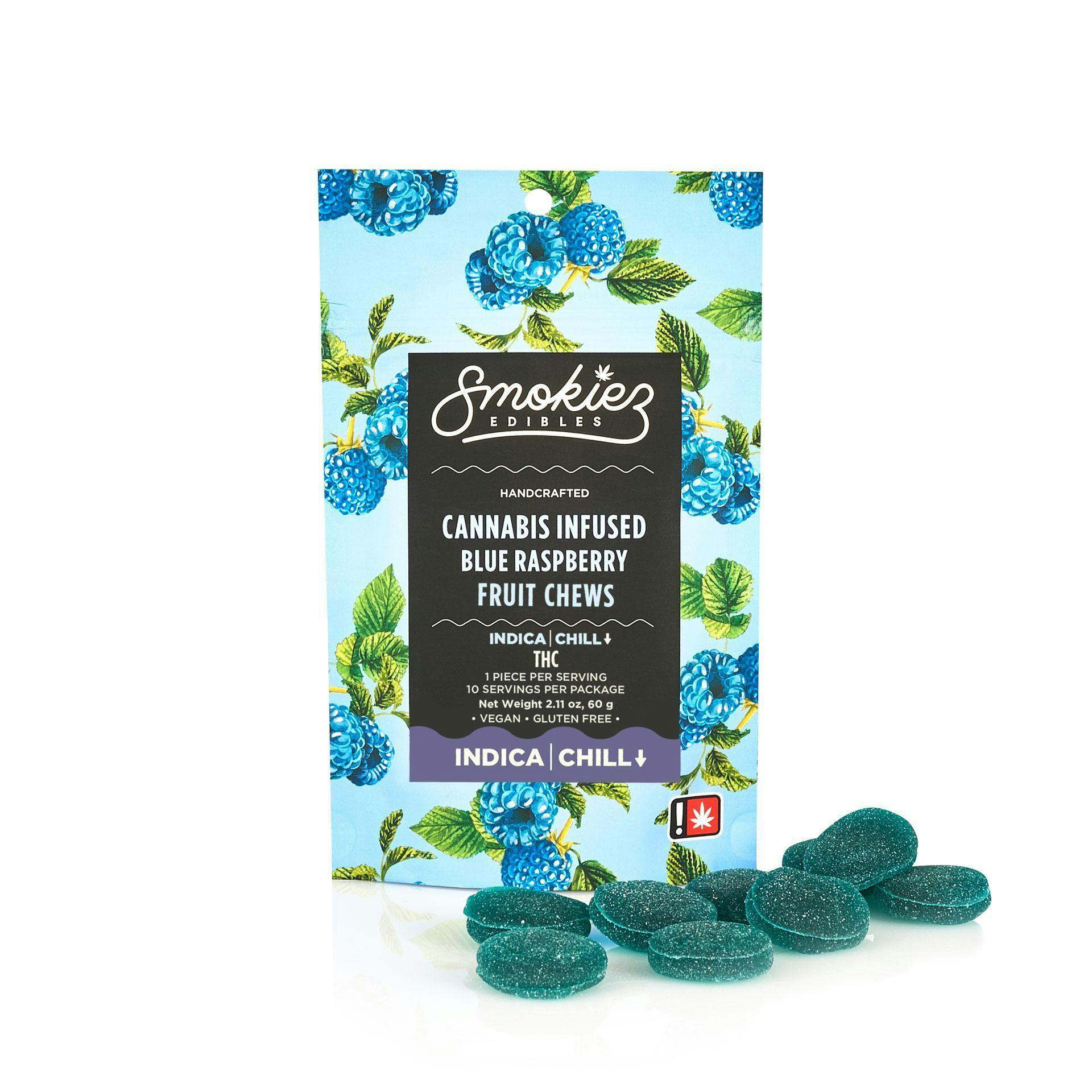 Blue Raspberry Fruit Chews: 10pc 100mg (THC) - Smokiez