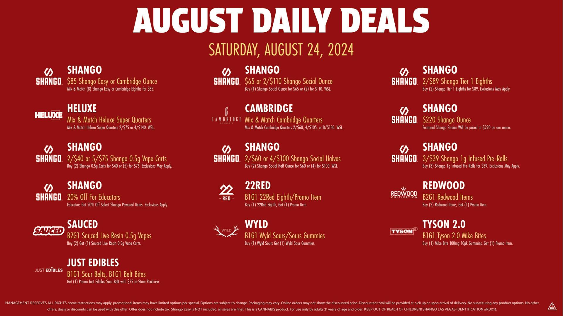 SHANGO Daily Deals August 24 at Shango - LAS VEGAS | Weedmaps