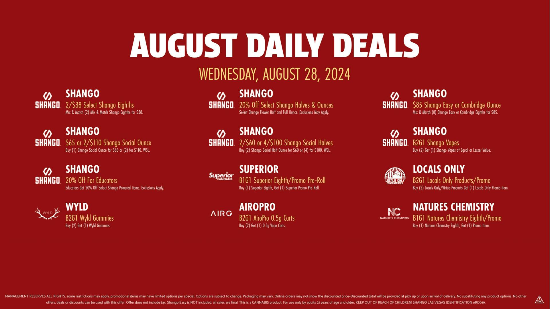 SHANGO Daily Deals August 28 at Shango - LAS VEGAS | Weedmaps