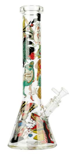 Red Eye Glass 15" White Tattoo Beaker Tube Bong Assorted Colours